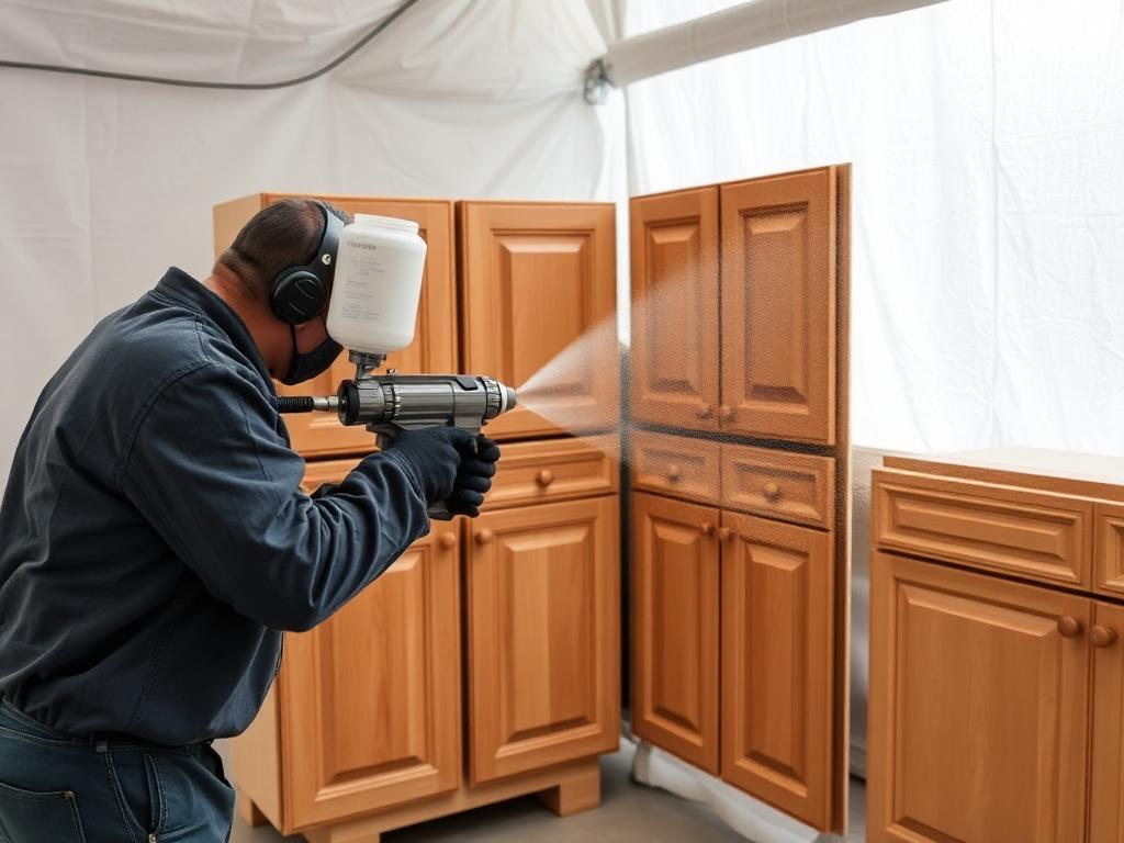 Spuitwerk met een verfspuit op kastdeuren in een afgeschermde werkruimte